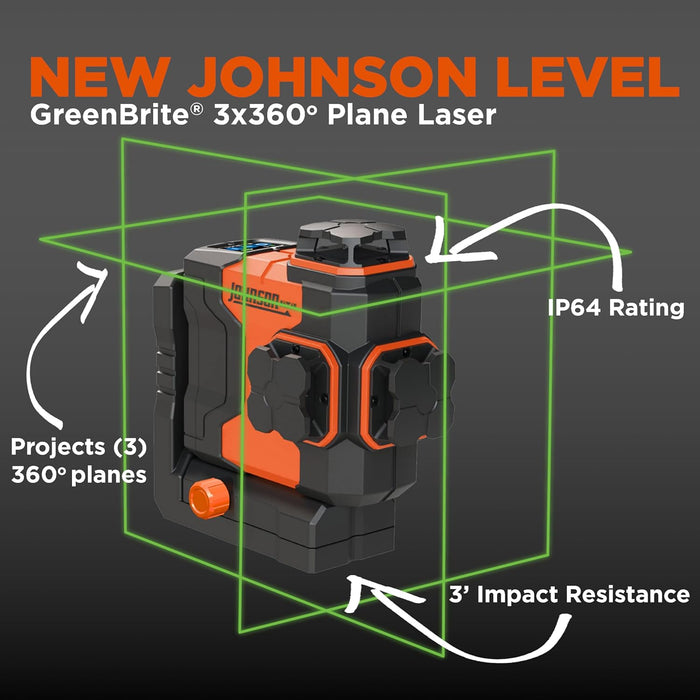 Johnson JLN300-GN3360 Laser Level, Self Leveling, 3x360° Plane Laser with GreenBrite Technology, Magnetic Base, Hard-shell Carry Case, Lithium Ion Battery, Magnetic Target, Track Mount