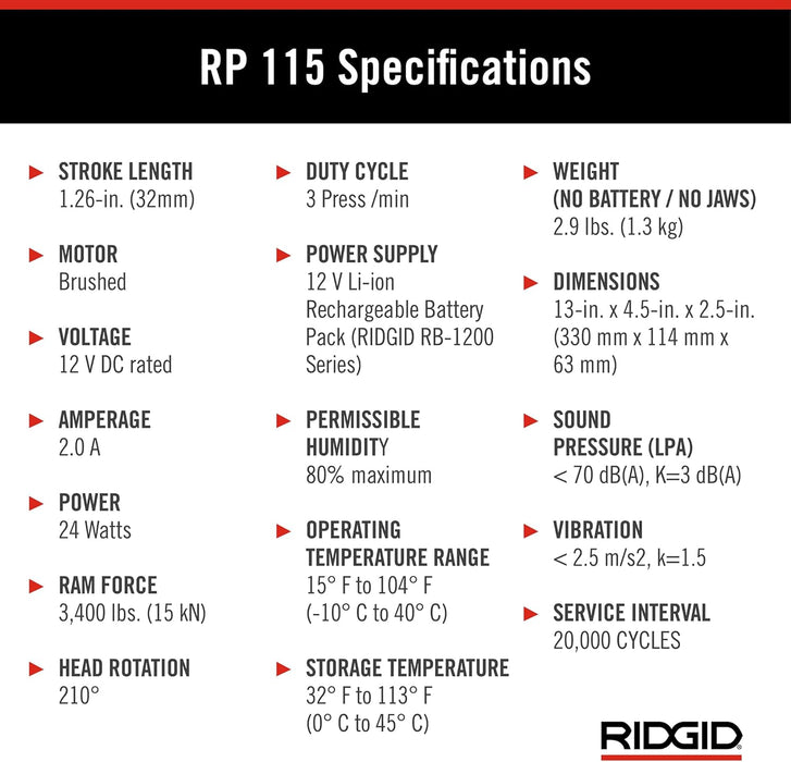 RIDGID (RP115) 72553 Mini Press Tool and Battery Kit with 1/2" to 3/4" ProPress Press Tool Jaws, 2V Li/Ion Battery, 12V Charger, and Carrying Case