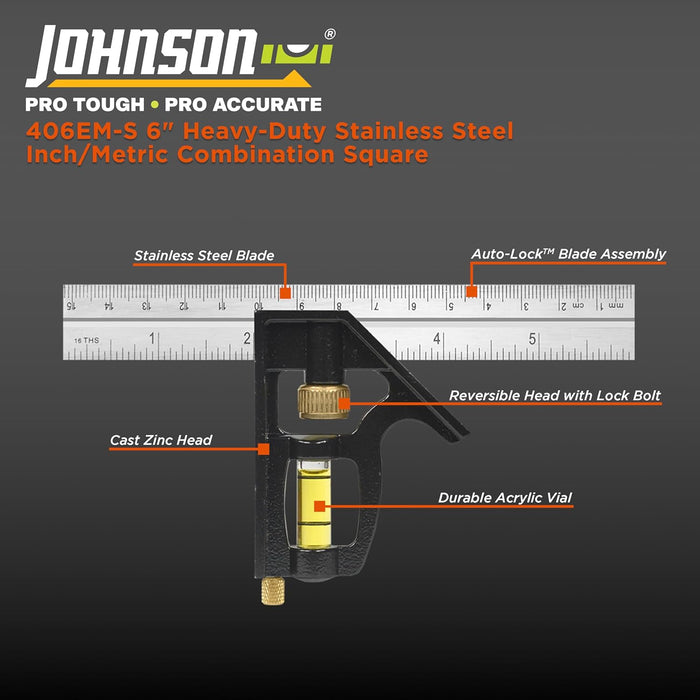 Johnson 406EM-S Heavy Duty Professional Inch/Metric Metal Combination Square, 6"