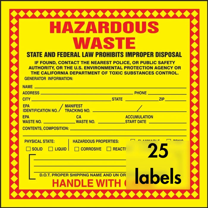 Accuform MHZWCAEVP Hazardous Waste Label, Adhesive-Poly Vinyl, "Hazardous Waste - State and Federal Law Prohibits Improper Disposal. Handle with Care", 6" x 6" (Pack of 25)