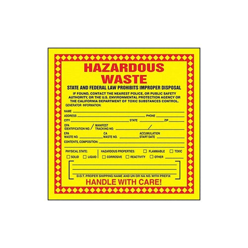 Accuform MHZWCAEVC Adhesive-Poly Vinyl Hazardous Waste Label, "HAZARDOUS WASTE - STATE AND FEDERAL LAW PROHIBITS IMPROPER DISPOSAL...HANDLE WITH CARE!", 6" Length x 6" Width x 2.6 (Pack of 100)