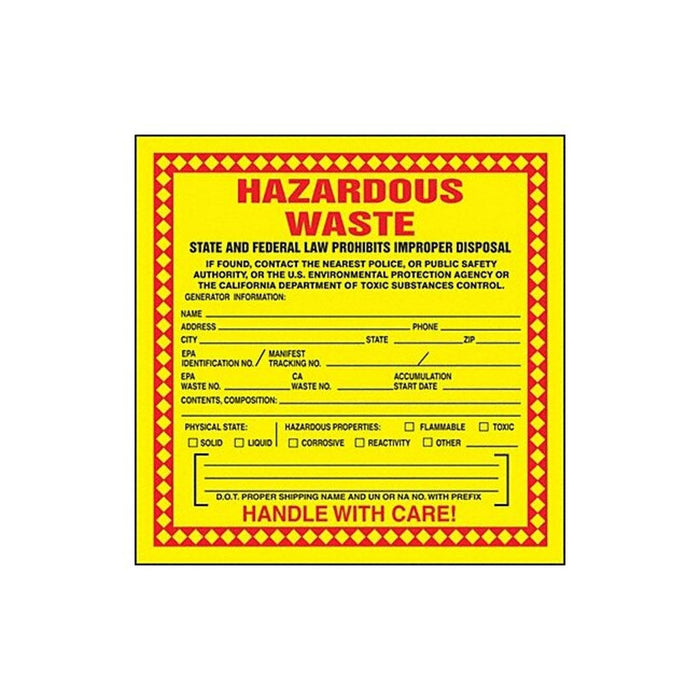 Accuform MHZWCAEVC Adhesive-Poly Vinyl Hazardous Waste Label, "HAZARDOUS WASTE - STATE AND FEDERAL LAW PROHIBITS IMPROPER DISPOSAL...HANDLE WITH CARE!", 6" Length x 6" Width x 2.6 (Pack of 100)