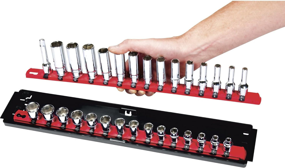 Heavy Duty Socket Organizer with Tray - Ernst Manufacturing 19-Inch Socket Boss 2-Row, 1/4-Inch-Drive Twist Lock Socket Holder, SAE, METRIC, Red (8452) - Automotive Industry - Made in USA 19-INCH 1/4" Red