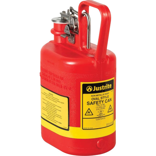 Justrite 14160 1 Gallon, 4 5/8" x 7 5/8" x 12 3/4" Size Type I Red Oval Polyethylene Safety Can