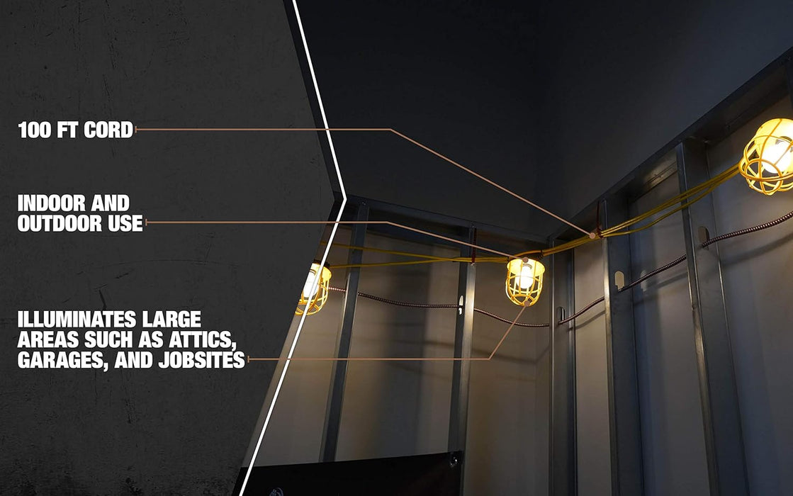 Southwire 7145SW Temporary String Light; 14/2 SJTW; 15-Amp Standard; Plastic Guard; Without Plug & Connector; 100-Foot; Yellow