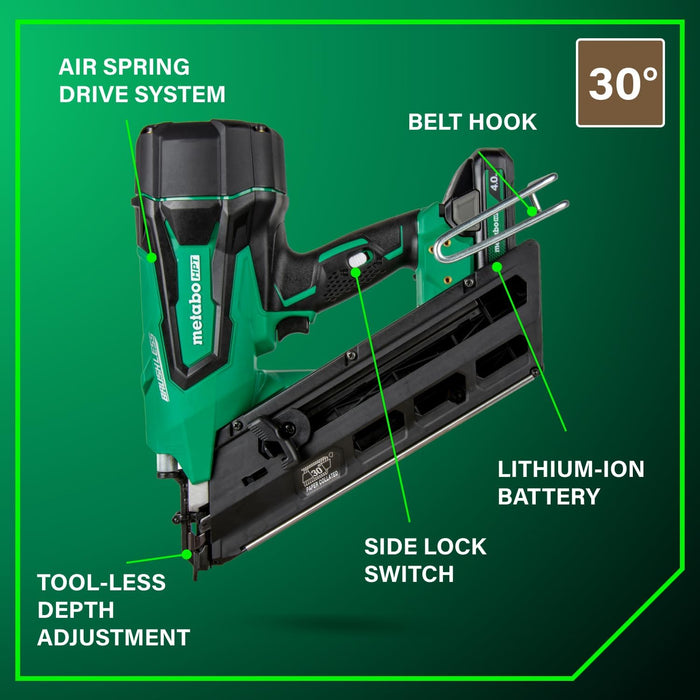 Metabo HPT Cordless 18V MultiVolt Framing Nailer Kit Accepts 2-Inch to 3-1/2-Inch Clipped & Offset Round Paper Nails 1-18V 4.0Ah Li-Ion Battery w/Fuel Gauge Lifetime Tool Warranty NR1890DCST