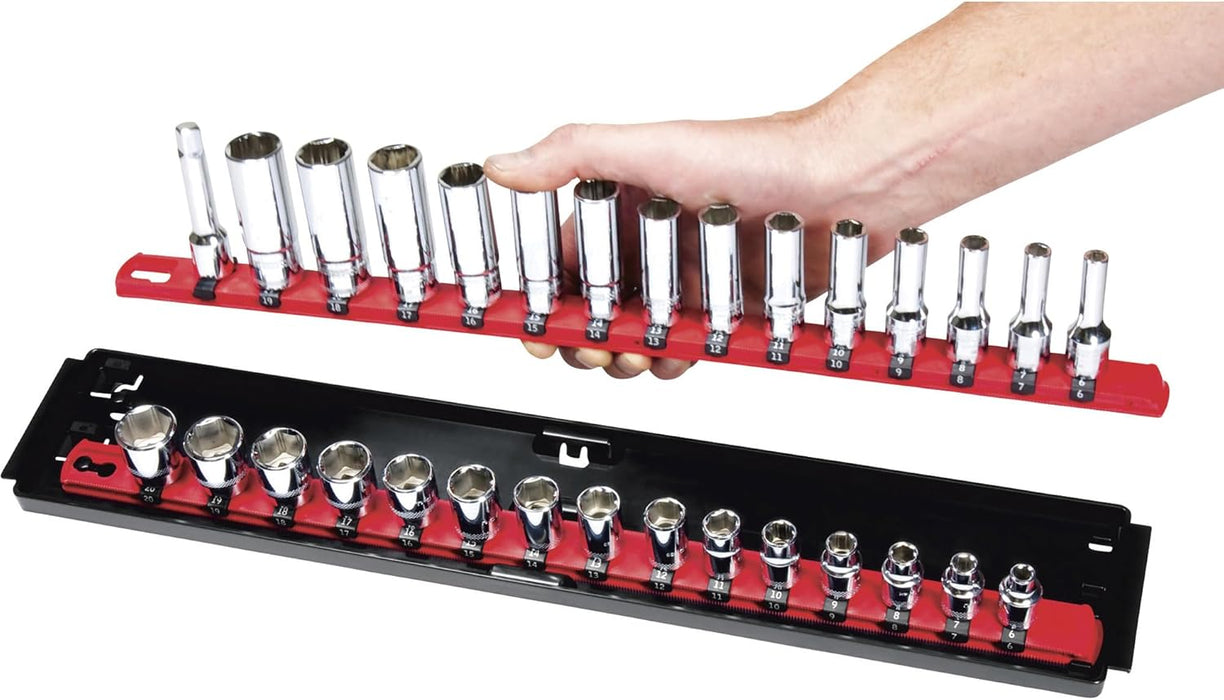 Ernst Manufacturing 18-Inch Socket Boss 2-Rail 1/2-Inch-Drive Socket Organizer with Twist Lock Secure Hold and Toolbox Drawer Tray, Red - Made in USA