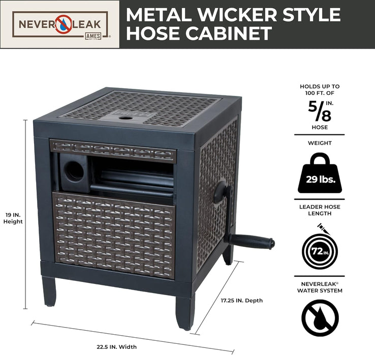 AMES NeverLeak Hose Reel Cabinet Box, 100 Ft. Capacity, Decorative with Wicker Look, Auto Track Rewinding, Black Metal