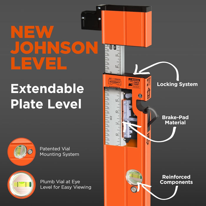 Johnson Level & Tool 5800-0610P 6FT - 10FT Extendable Plate Level, Triple-Secured Mounting System