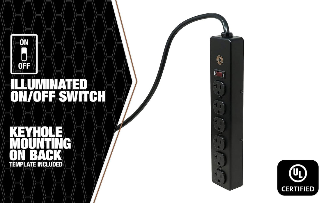 Southwire 5122 20 Amp Rated, 6 Outlet all Metal Power Strip with NEMA 5-20 P&R, 15-foot 12/3 Cord Black 15 ft 6-Outlet 20 Amp