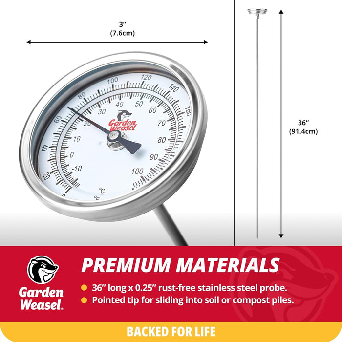 Garden Weasel Analog Soil & Composting Dial Thermometer - 36-Inch Probe | Measures 0 to 220 Degrees Fahrenheit | Soil Temperature, Worm Compost