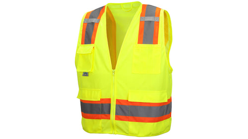 Pyramex RVZ2410X2 Class 2 Surveyor's Safety Vest with 6 Pockets, Hi-Vis Lime, 2XL