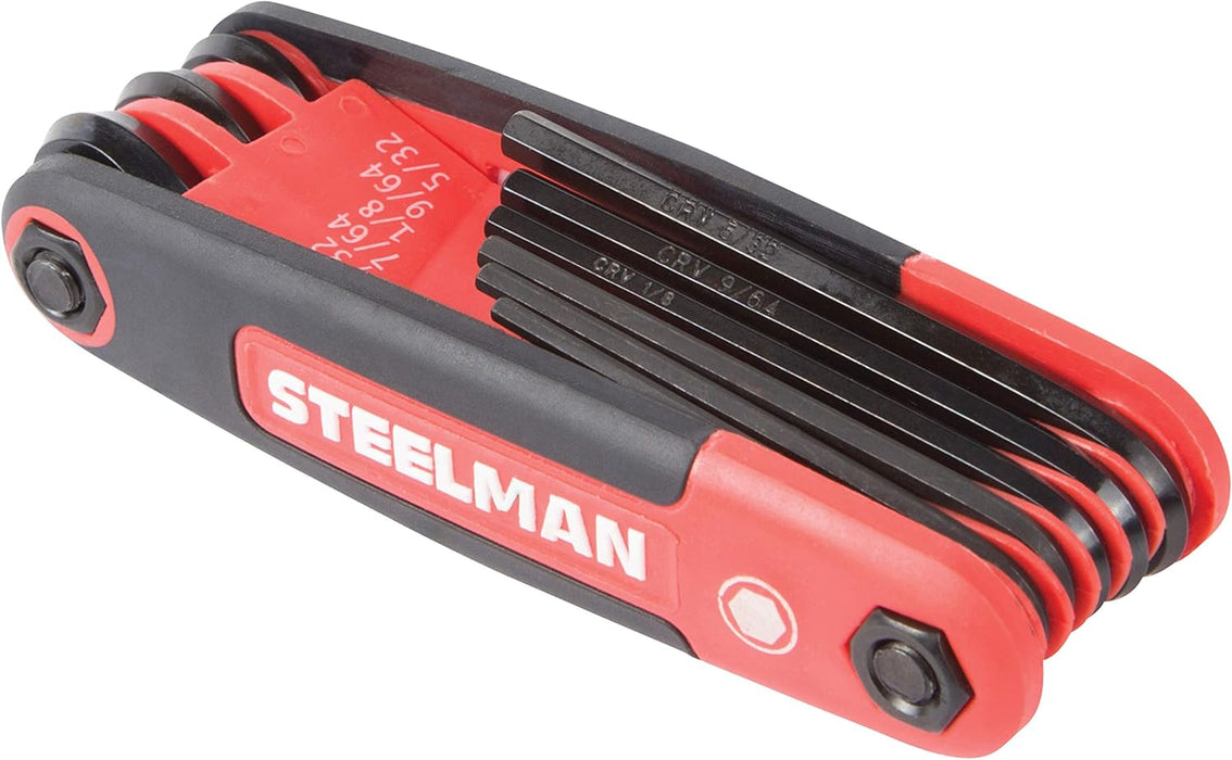Steelman Portable Folding Hex Key Wrench Multi-Tool Standard (SAE), Set Includes 5/64, 3/32, 7/64, 1/8, 9/64, 5/32, 3/16, 7/32, 1/4-Inch, Chamfered Ends, Rubberized Grip