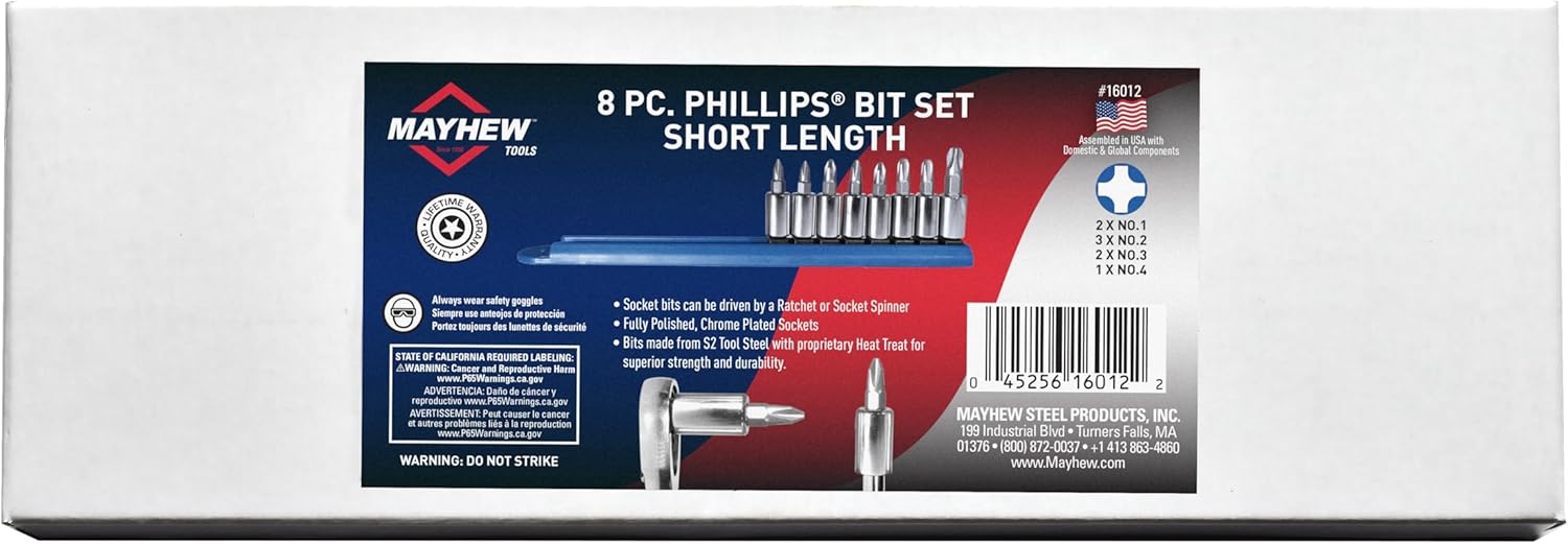 Mayhew Tools 16012 Phillips Socket Bit Set, Chrome Plated, 8-Piece
