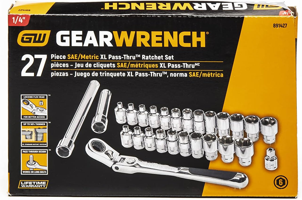 GEARWRENCH 27 Pc. 1/4" Drive 6 Pt. Pass-Thru Mechanics Tool Set, Standard SAE/Metric - 891427 42373 891427