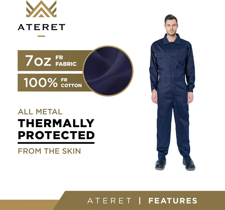 ATERET I Flame Resistant FR Coverall, Lightweight 7 oz, 100% cotton, FR treated I (Large, Navy Blue)