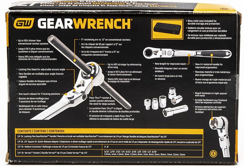 GEARWRENCH 27 Pc. 1/4" Drive 6 Pt. Pass-Thru Mechanics Tool Set, Standard SAE/Metric - 891427 42373 891427