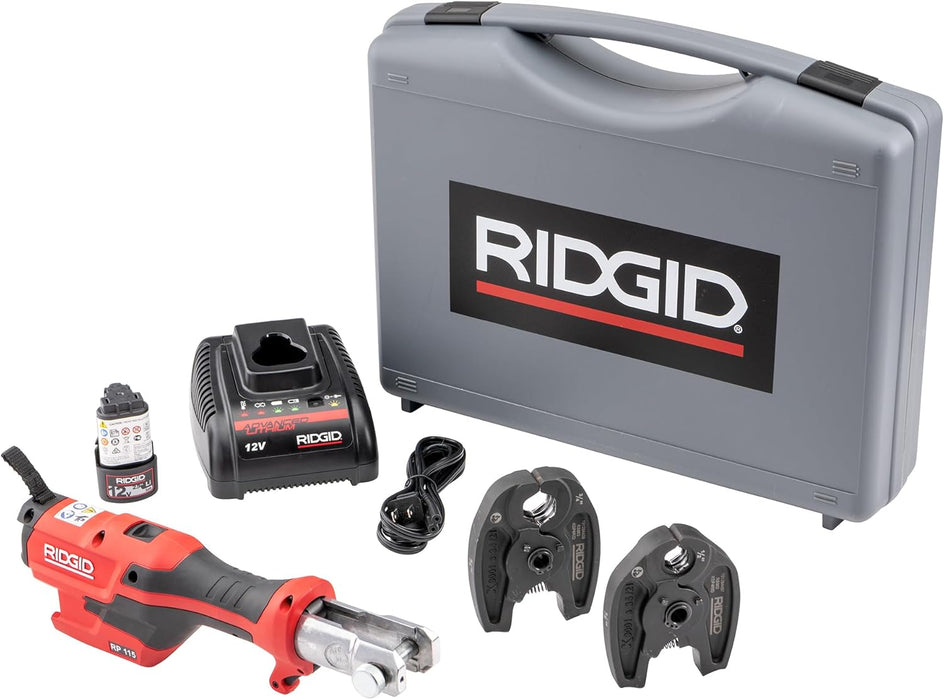 RIDGID (RP115) 72553 Mini Press Tool and Battery Kit with 1/2" to 3/4" ProPress Press Tool Jaws, 2V Li/Ion Battery, 12V Charger, and Carrying Case