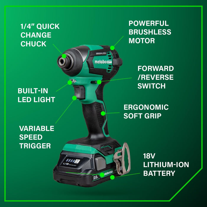 Metabo HPT 18V MultiVolt Cordless Brushless Driver Drill & Impact Driver Combo Kit, Power Tool Kit, 2 Lithium-Ion Metabo HPT Batteries and Charger, High Torque, Compact Lightweight Design, KC18DEXQB KC18DEXQB Only