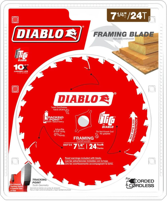 Diablo D0724X Framing Saw Blade for Wood, 7-1/4" Diameter, 24 ATB Teeth, 5/8" Arbor, .059" Kerf, 15° Hook Angle, .040" Plate, 8000 Max RPM