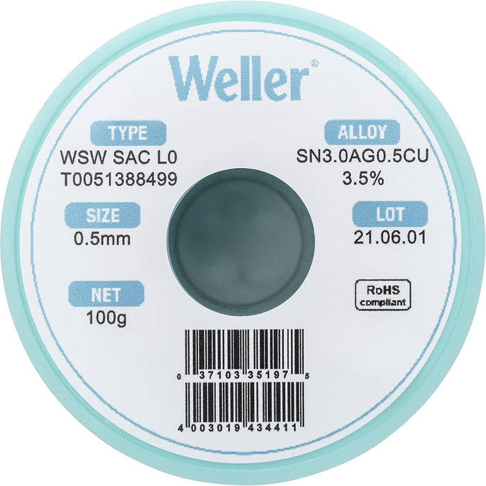 Weller WSW SAC L0 (T0051388499) Lead Free Solder Wire, Dia: 0.5 mm / 0.020 in, Wt: 100 g / 3.527 oz, Alloy Sn96.5Ag3.0Cu0.5, Flux content 3.5%