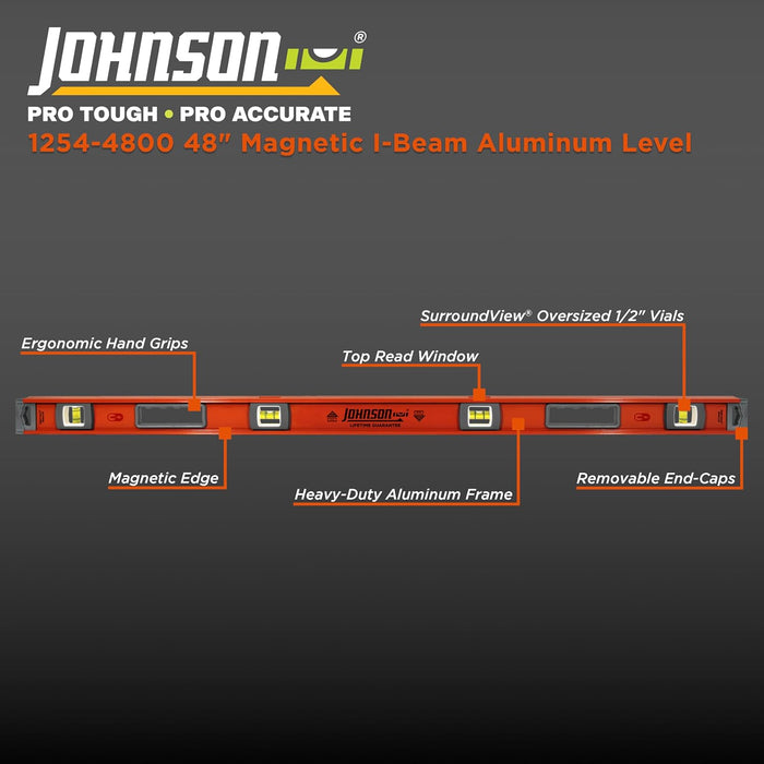 Johnson 1254-4800 Magnetic Heavy Duty I-Beam Aluminum Level, 48", Orange