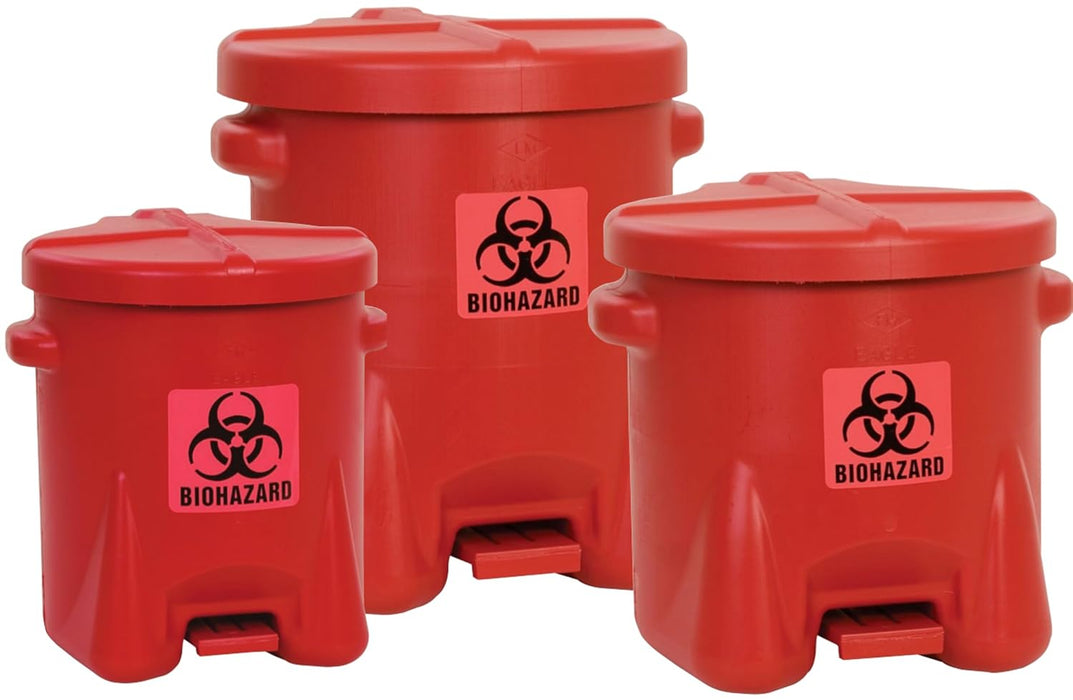 Eagle 6 Gallon Biohazard Trash Can with Foot-Operated Self-Closing Lid, 16.5" x 13.5" x 16", Made in The USA from High-Density Polyethylene, Red, 943BIO