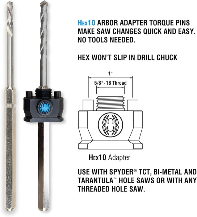 Spyder Hex10 1/2-inch Quick Change Hole Saw Arbor and TCT Pilot Bit Assemby for Cement and Masonry