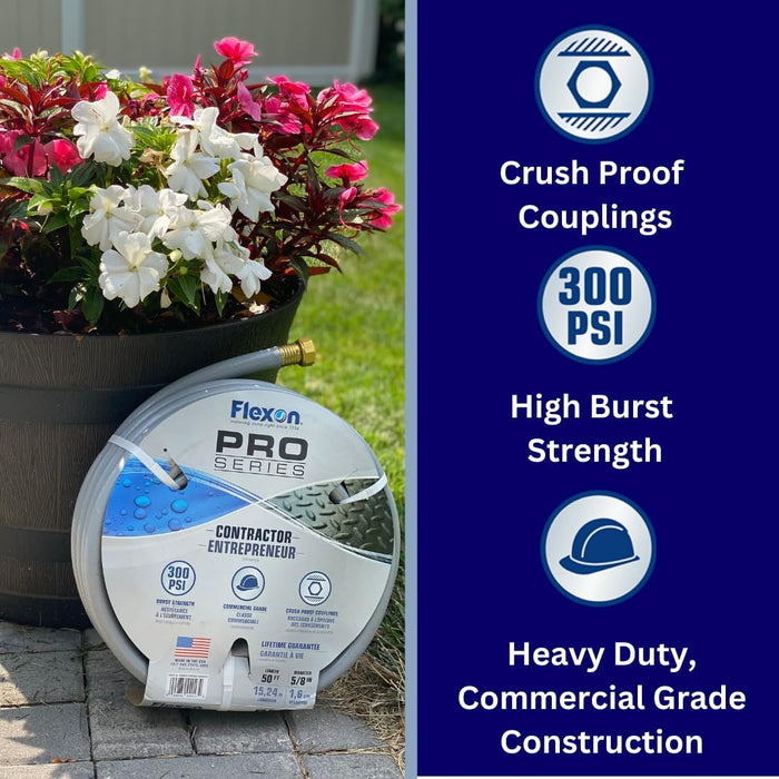 Flexon CG5825 5/8" x 25-Foot Contractor Grade Garden Hose – Heavy-Duty, Kink-Resistant, High Burst Strength, Scuff-Resistant Outer Jacket, Crush-Proof Brass Fittings, Ideal for Landscaping and Job Sites