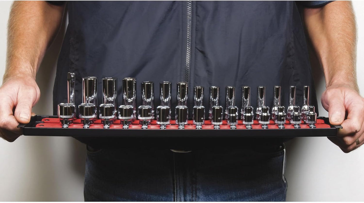 Ernst Manufacturing - 8453 Socket Boss 2-Rail 3/8-Inch-Drive Socket Organizer, 19-Inch, Red - Socket Storage Tray and Organization System for Mechanics and Automotive Service Technicians - Made in USA 19-INCH 3/8" Red