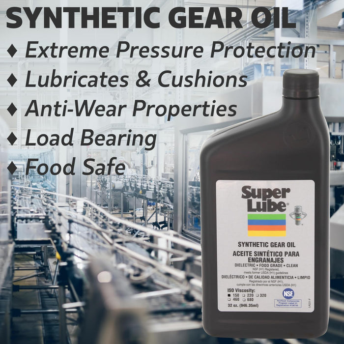 Super Lube Synthetic Gear Oil Hydraulic Grade (Translucent Amber, ISO 220-1qt Bottle) | NSF Certified Food Grade & Clean | Heavy Film Lubricates & Cushions