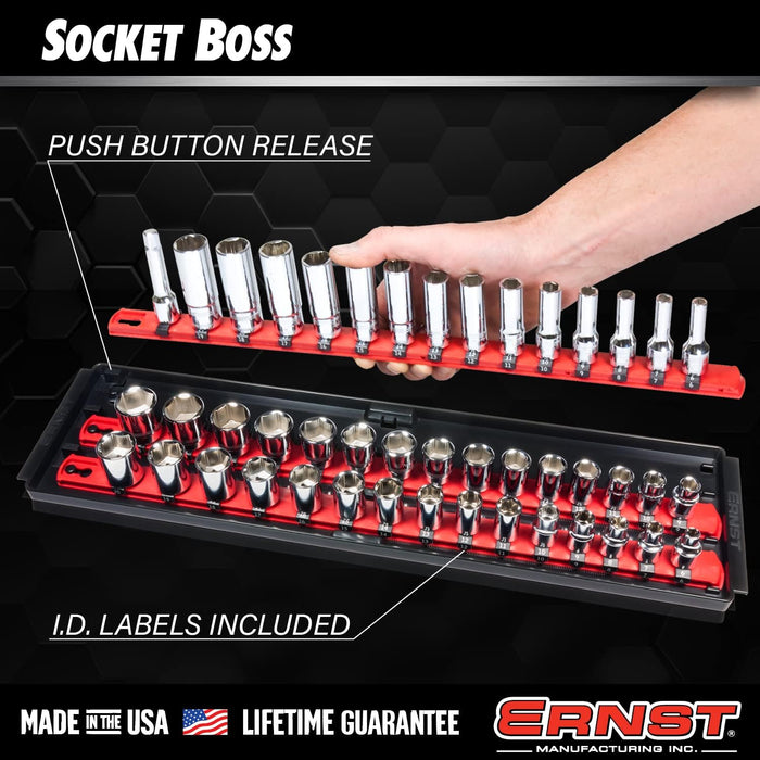 Ernst Manufacturing 8490 Socket Boss: 3-Rail Socket Organizer Tool Tray with 40 Clips (1/4", 3/8", 1/2") - Red, 13-Inch Rails for Toolbox Storage - Made in USA