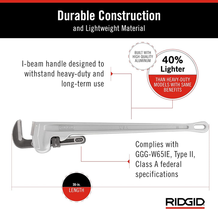 RIDGID (31110) Model 836 Aluminum Straight 36" Plumbing Pipe Wrench, Silver, Made In The USA