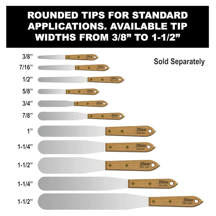 Albion Engineering Company 258-4TPS Classic Tapered Spatula, Stainless Steel, Hardwood Handle, 7/16" Wide Tapered Tip x 4" Long Blade