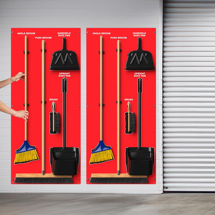 Clean & Sweep 5S Shadow Board/Wall Mount Broom Holder, 68" x 30" Board, 5S Cleaning Station - with Broom and Dustpan Set Included, PSB116RDBK Red/Black Accu-Shield