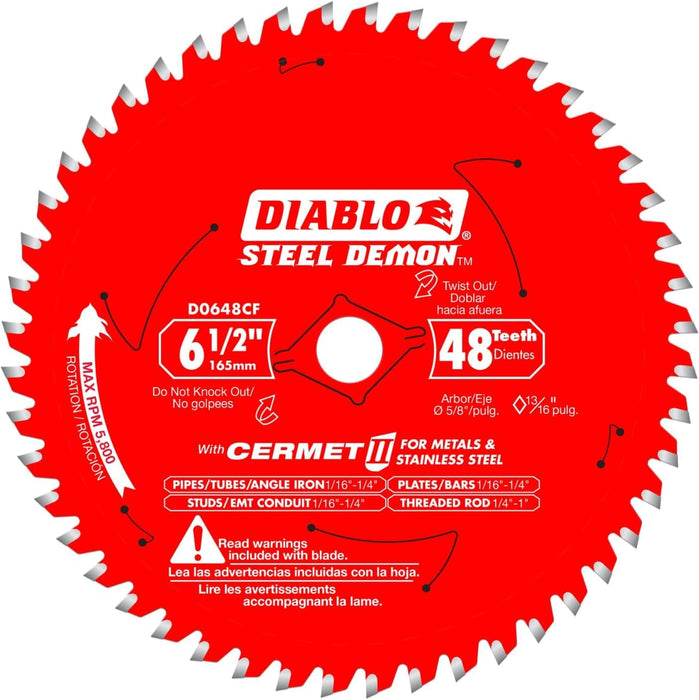 Diablo Steel Demon Cermet II Saw Blade for Metals and Stainless Steel - 6-1/2" Diameter, 48 TCG Teeth, 5/8" Arbor, .061" Kerf, 0° Hook Angle, 5800 Max RPM - D0648CFX