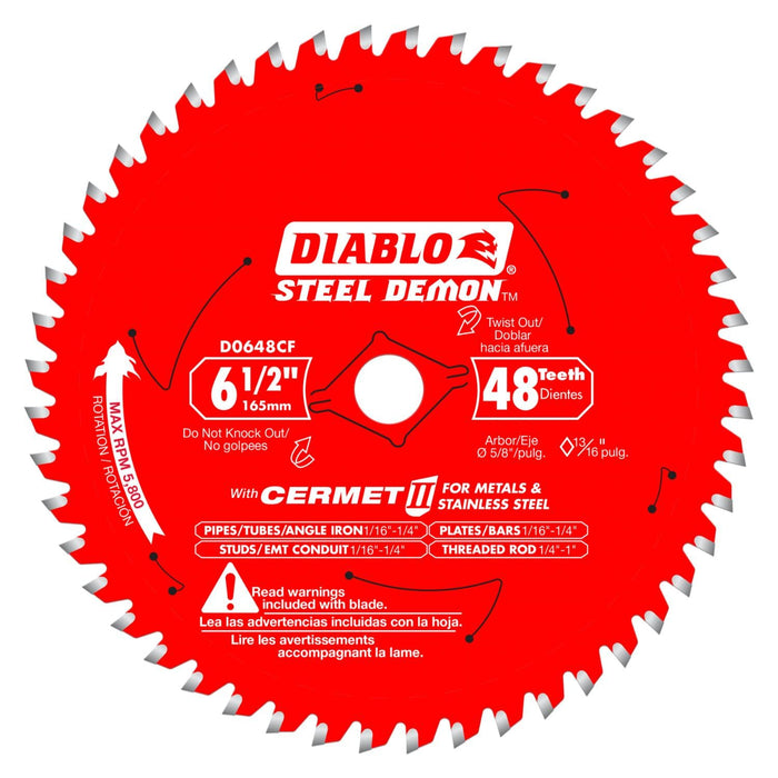 Diablo Steel Demon Cermet II Saw Blade for Metals and Stainless Steel - 6-1/2" Diameter, 48 TCG Teeth, 5/8" Arbor, .061" Kerf, 0° Hook Angle, 5800 Max RPM - D0648CFX