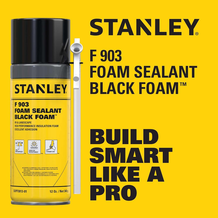 Stanley F903 Black Spray Foam Sealant, 12 oz, Waterproof Expanding Polyurethane Foam for RV, Pond, Waterfall, Landscape & Automotive Applications, UV Resistant, Gap Filler Foam (Pack of 1)