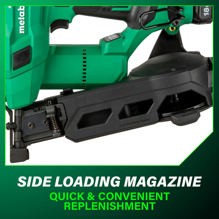 Metabo HPT 18V MultiVolt Cordless Coil Roofing Nailer Kit, 500 Nails Per Charge, Up to 1-3/4-Inch Roofing Nails, Includes Vinyl Siding Adapter, NV1845DA