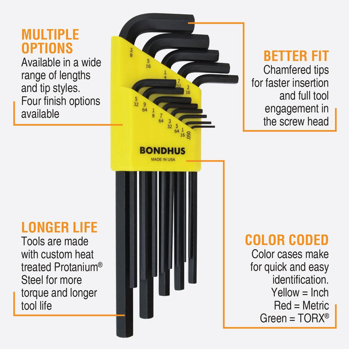 Bondhus 22199 Hex L-Wrench DoublePK, Long Length, 12137 .050-3/8" & 12199 1.5-10mm, Multicolor