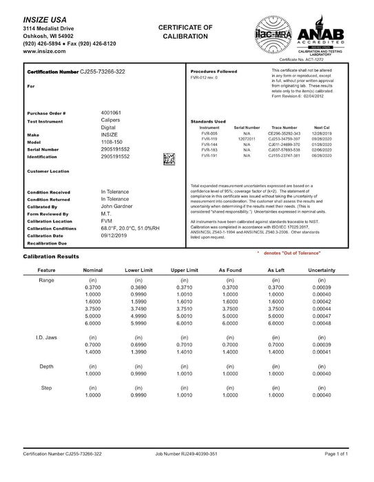 INSIZE 1108-150CAL Electronic Caliper with ISO17025 Calibration Certificate, 0-6"