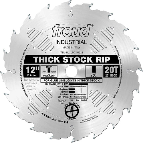 Freud LM71M012 Thick Stock Rip Saw Blade with Premium Tico HI-Density Carbide Ripping Blend for Hardwood & Softwood Ripping, 12" Diameter, 20 Teeth, Flat Grind