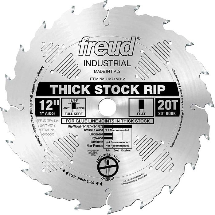 Freud LM71M012 Thick Stock Rip Saw Blade with Premium Tico HI-Density Carbide Ripping Blend for Hardwood & Softwood Ripping, 12" Diameter, 20 Teeth, Flat Grind