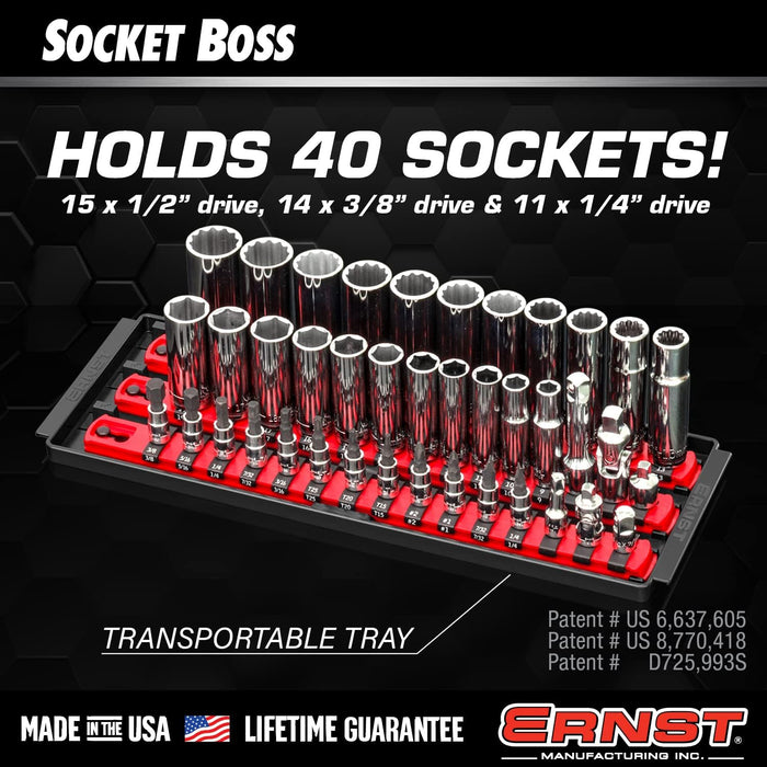 Ernst Manufacturing 8490 Socket Boss: 3-Rail Socket Organizer Tool Tray with 40 Clips (1/4", 3/8", 1/2") - Red, 13-Inch Rails for Toolbox Storage - Made in USA