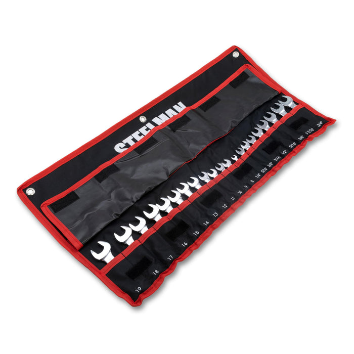 Steelman 82576 21-Piece Stubby Combination Wrench Set with Storage Roll, Metric & SAE, 12-Point, 1/4-3/4" and 8-19mm