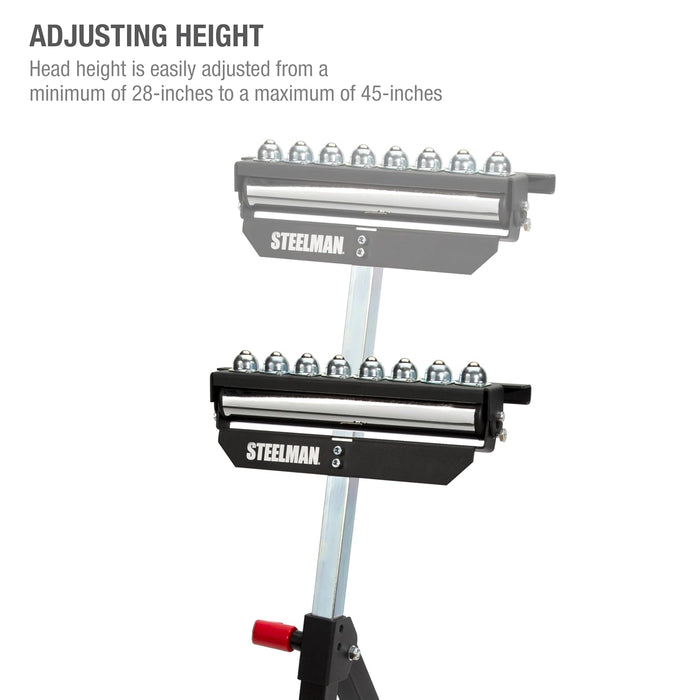 Steelman 67109 3-in-1 Material Support Roller Stand, Can Convert Between Material Stop, Single Roller, or Multi-Ball Head, Powder-Coated Steel, 150-pound Capacity