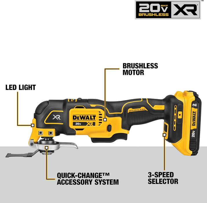 DEWALT DCS356D1 20V MAX XR Oscillating Multi-Tool Kit, Oscillating Tool Accessories, Cordless, 3-Speed, Quick Blade Change, Sand Paper, Blades, Battery and Charger Included