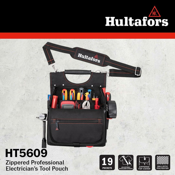 Hultafors Work Gear HT5609 Zippered Professional Electrician's Tool Pouch, Zippered Tool Pouch, Ergonomic Rubber Handle, Padded Shoulder Strap