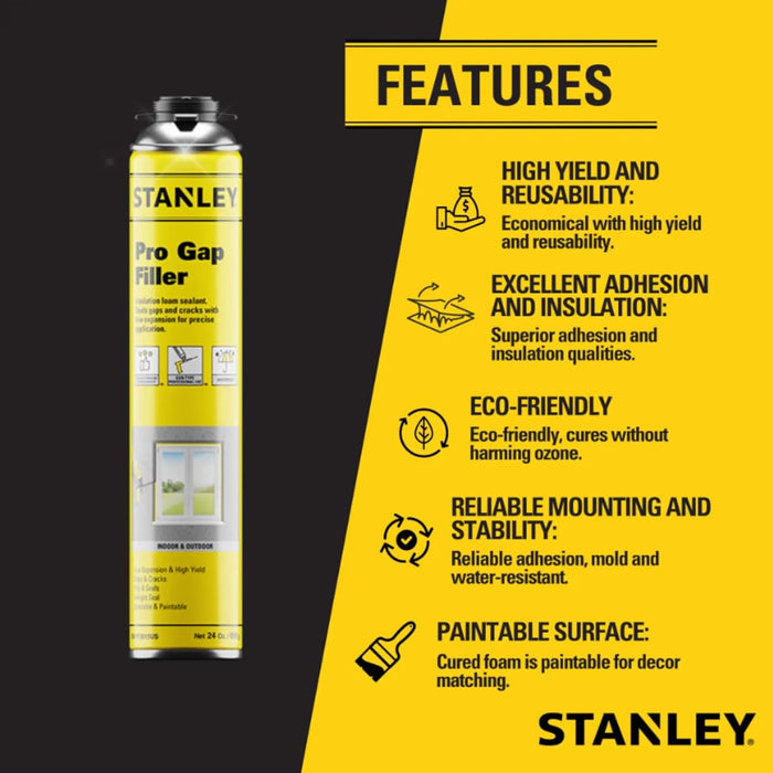 STANLEY Pro Gap Filler - Window & Door Filler, Gaps & Cracks, Expanding Spray Foam Sealant, Gun Not Included, 24 Oz (Pack of 1)