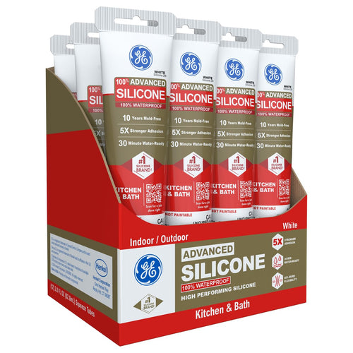 GE Advanced Silicone Caulk for Kitchen & Bathroom, White, 2.8 fl oz Tube, 100% Waterproof Silicone Sealant, 5X Stronger Adhesion, Shrink & Crack Proof (Pack of 12)